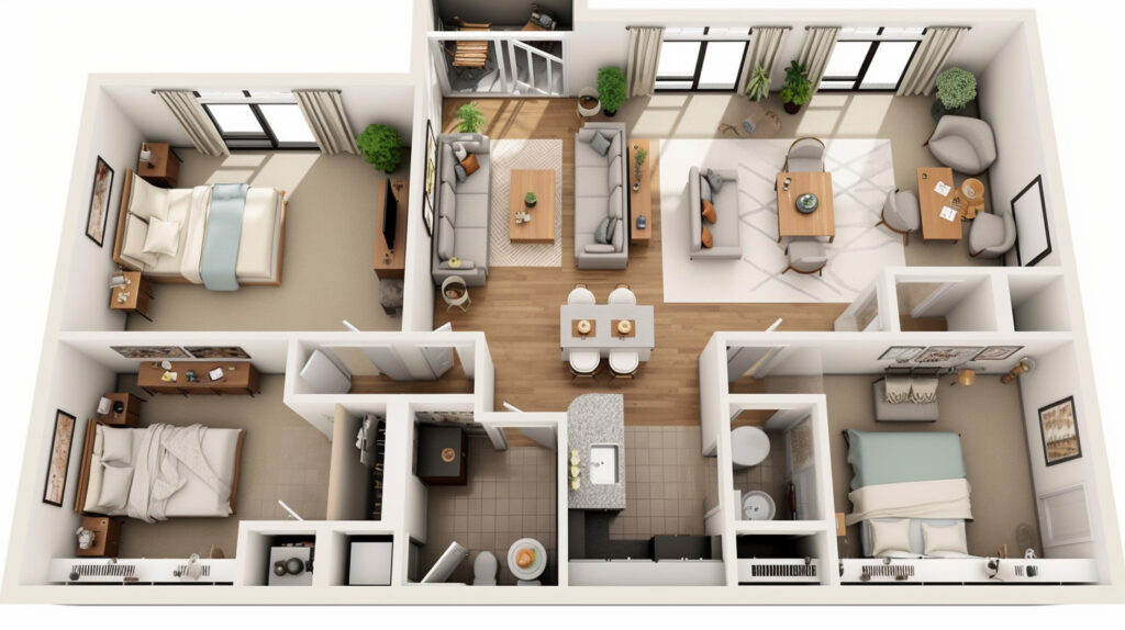 2-bedroom apartment floor plan with special features highlighted