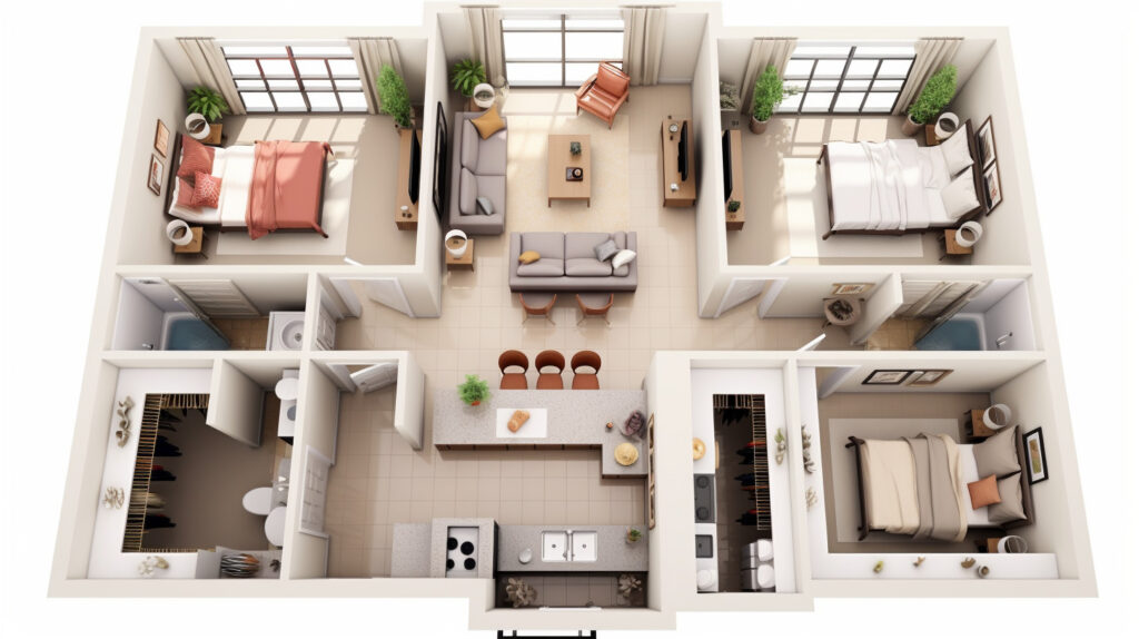 2-bedroom apartment floor plan with special features highlighted