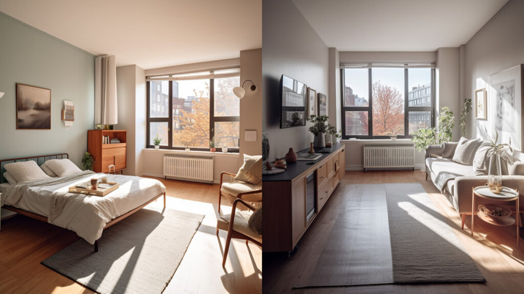 A split image showing a small and large 2-bedroom apartment with optimized space