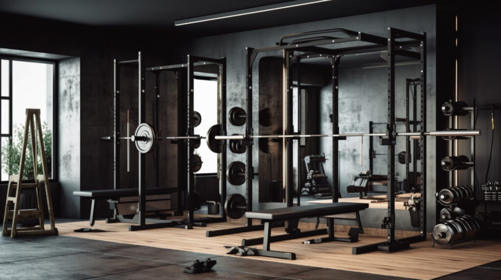 Phòng gym tại nhà cho tập lực với ghế tập, giá squat, gương lớn