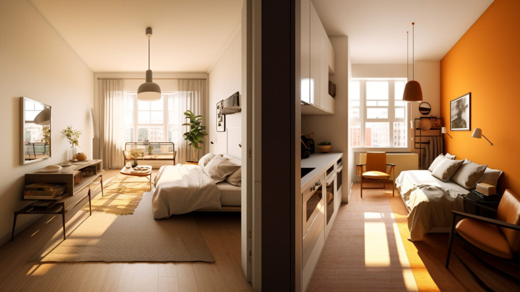 So sánh màn hình chia của thiết kế căn hộ 1 phòng ngủ truyền thống và hiện đại