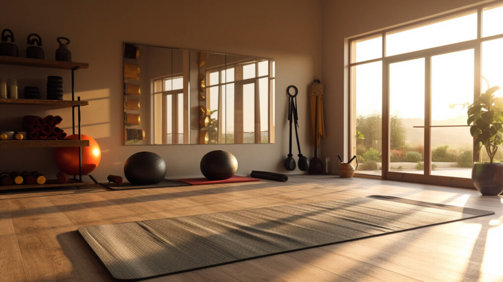 Phòng gym tại nhà cho yoga với thiết bị tập yoga