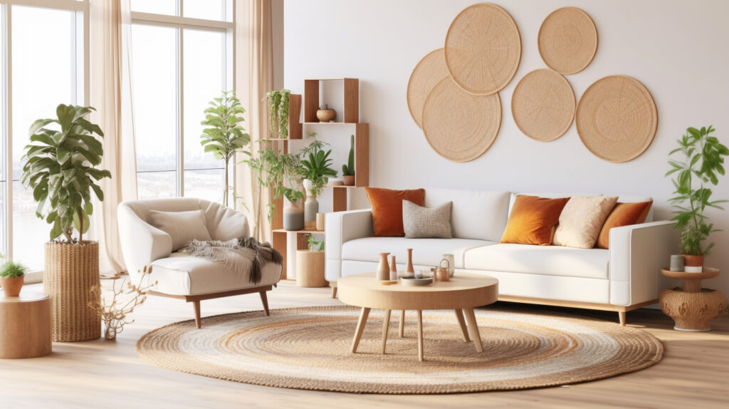 Un tappeto rotondo splendidamente decorato per il soggiorno, aggiungendo interesse visivo