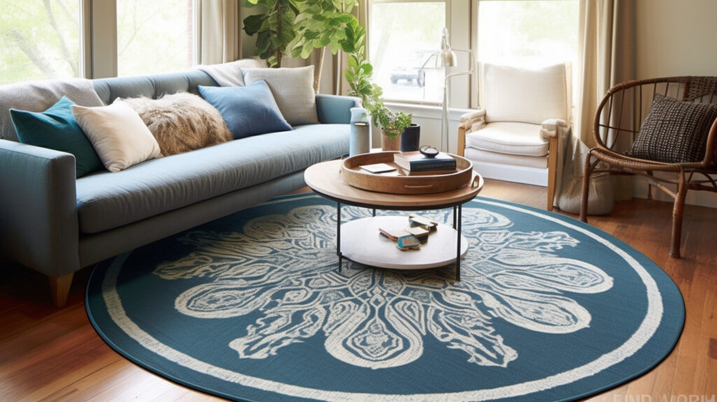 Un tappeto rotondo splendidamente decorato per il soggiorno, aggiungendo interesse visivo