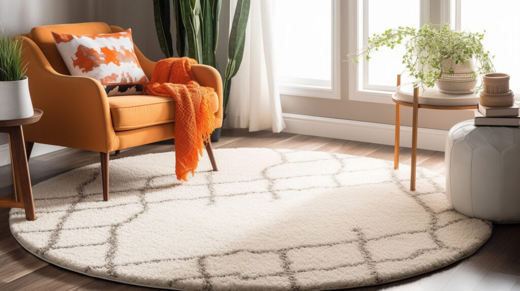 A classic Moroccan-inspired round rug for the living room, enhancing the room’s aesthetic appeal