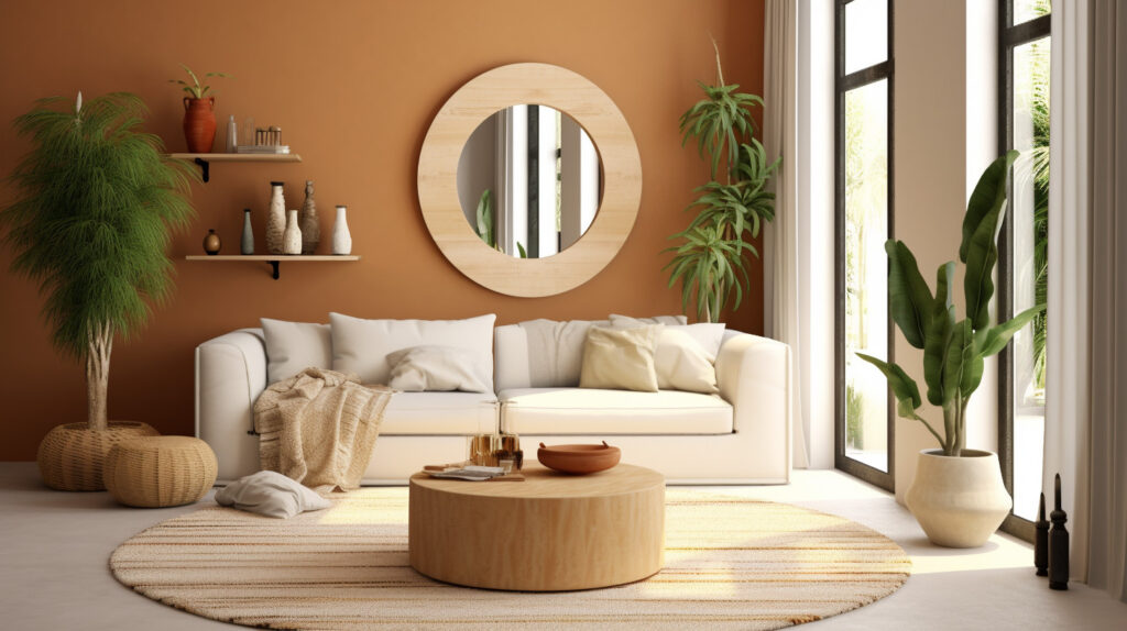 Un classico tappeto rotondo di ispirazione marocchina per il soggiorno, che valorizza l'appeal estetico della stanza
