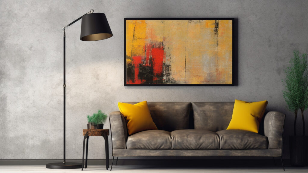 A floor lamp highlighting a stunning piece of wall art, showcasing how floor lamps can be used to accentuate artwork in living rooms
