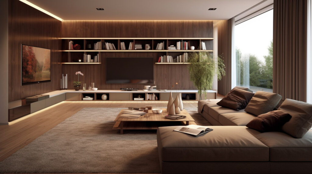 Một phòng khách được thiết kế hài hòa, nơi phong cách của bàn hòa trộn một cách mượt mà với thiết kế tổng thể của phòng