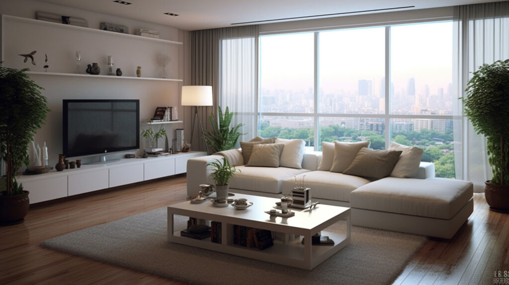 Một phòng khách được thiết kế hài hòa, nơi phong cách của bàn hòa trộn một cách mượt mà với thiết kế tổng thể của phòng