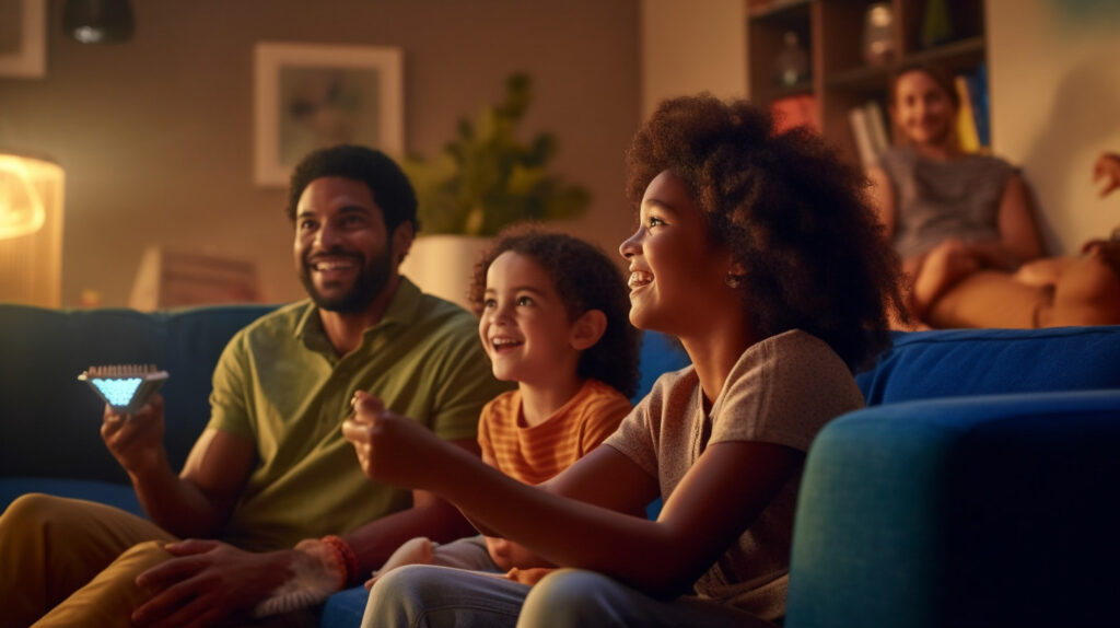 A joyful family enjoying a movie night with a “Living Room Projector” instead of a TV