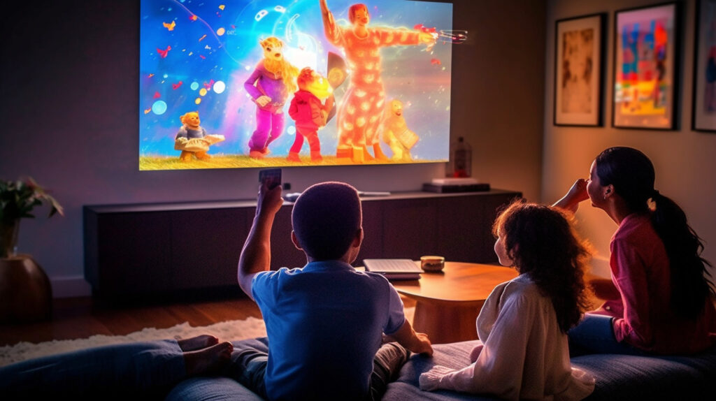 Una famiglia felice che si diverte una serata cinematografica con un proiettore per il soggiorno al posto di una TV