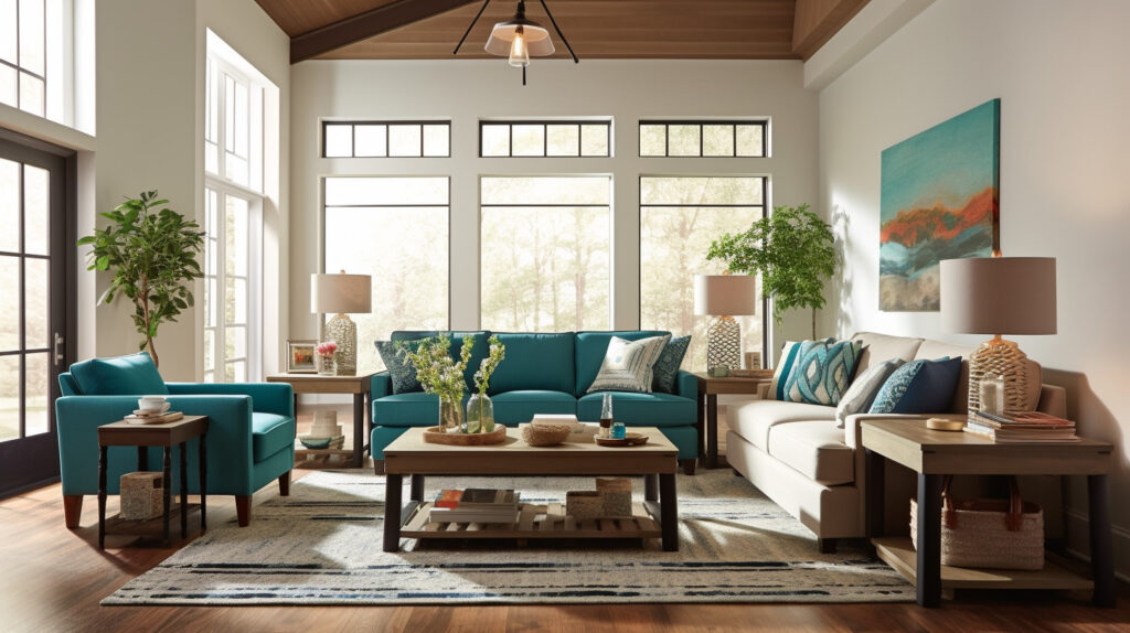 A living room enhanced with accent tables, adding an element of style and color