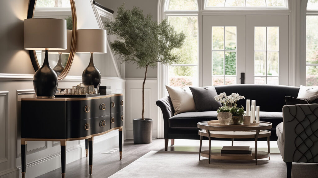 A living room featuring a functional and elegant console table