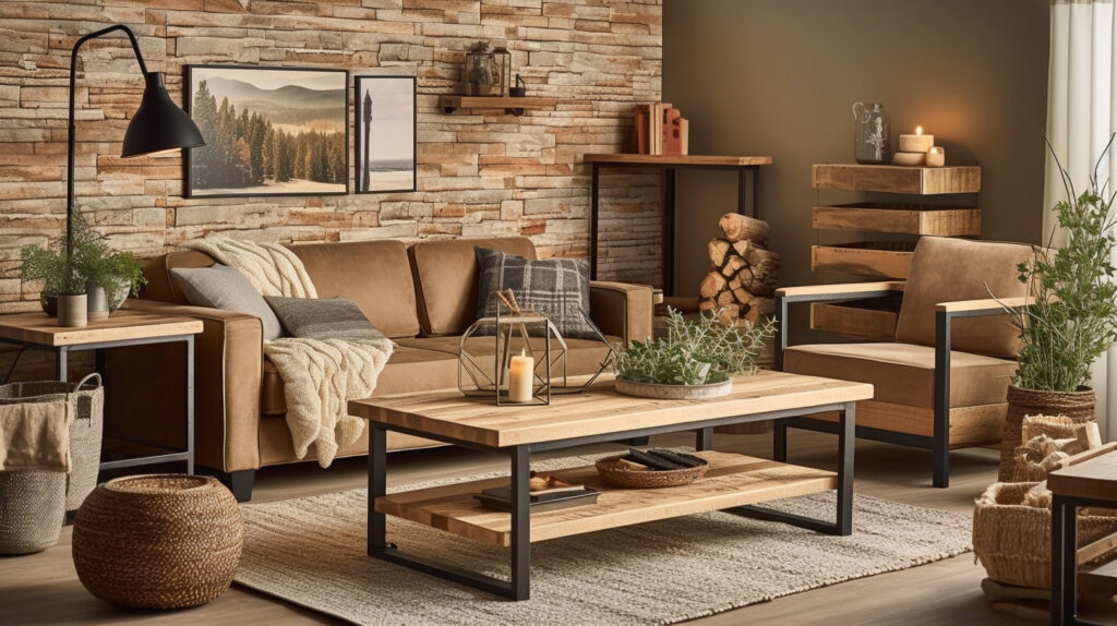 Một phòng khách trưng bày một chiếc bàn phong cách Rustic, thể hiện sự quyến rũ và ấm áp của nó