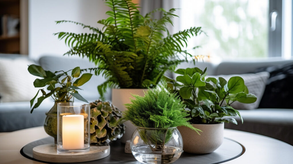 Một bàn phòng khách được trang trí với cây xanh, mang lại cảm giác tươi mới và sôi động cho phòng