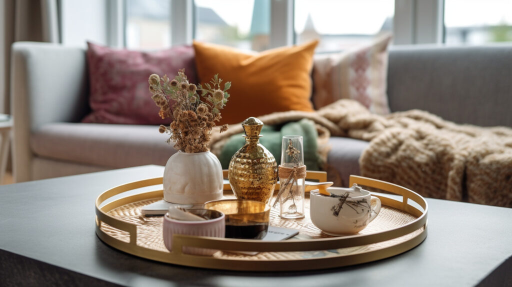 Một bàn phòng khách được trang trí sáng tạo với nhiều phụ kiện, thể hiện gu thẩm mỹ và phong cách cá nhân