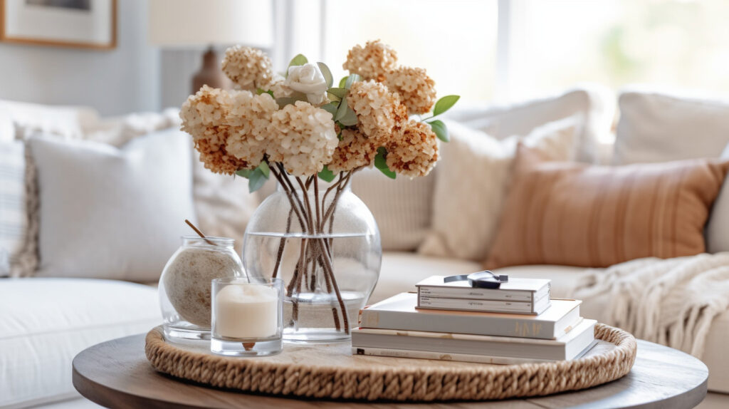 A living room table styled with decor items in a layered and balanced arrangement, enhancing visual interest