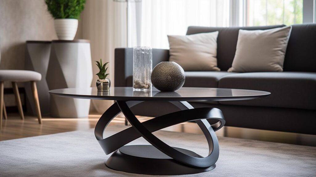Một phòng khách với một chiếc bàn hiện đại, sang trọng, làm nổi bật thiết kế mịn màng của nó