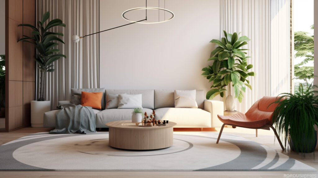 Un tappeto rotondo geometrico moderno per il soggiorno, che aggiunge un tocco di modernità