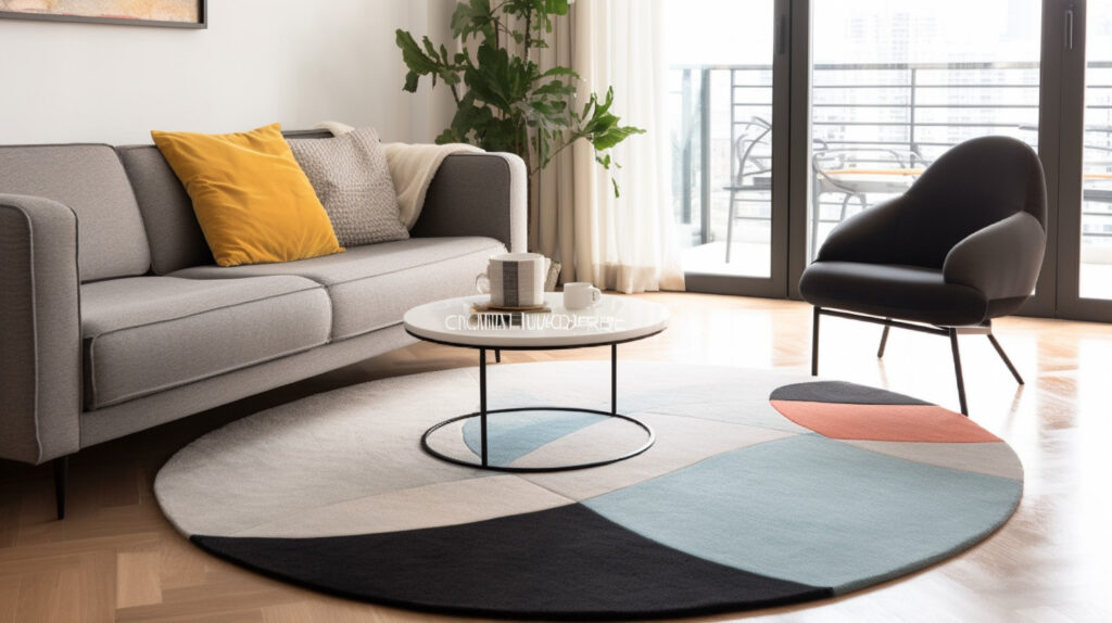 Un tappeto rotondo geometrico moderno per il soggiorno, che aggiunge un tocco di modernità