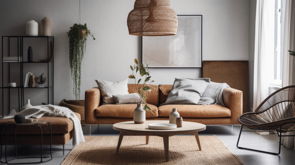 A modern living room showcasing a stylish floor lamp