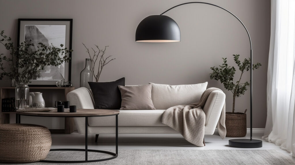 Un moderno soggiorno che mostra una lampada da terra elegante