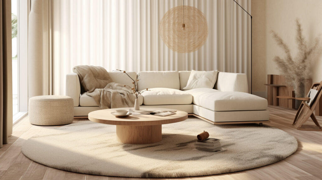 A neutral-toned round rug for the living room, seamlessly blending with the room’s decor