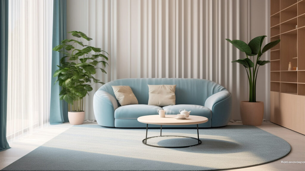 Un tappeto rotondo in blu pastello per il soggiorno, che crea un'atmosfera rilassante