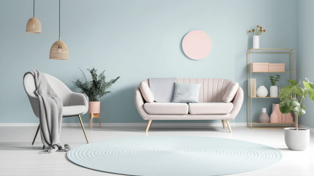 A pastel blue round rug for the living room, creating a calming atmosphere