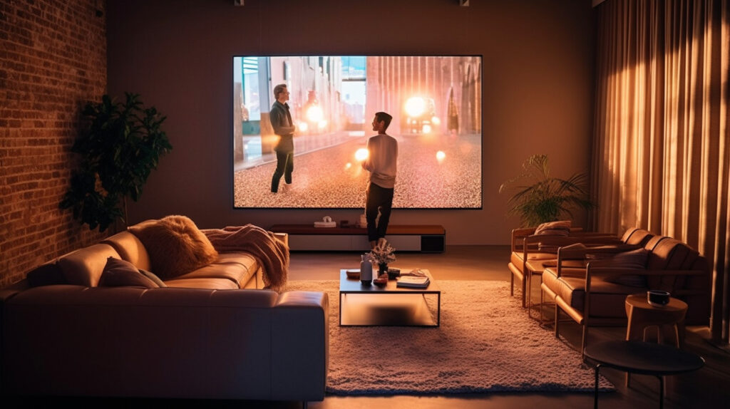 A person efficiently setting up a “Living Room Projector”, emphasizing on the screen and seating placement