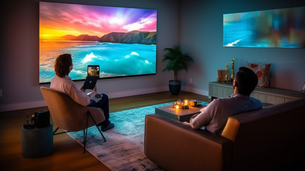 A person efficiently setting up a “Living Room Projector”, emphasizing on the screen and seating placement