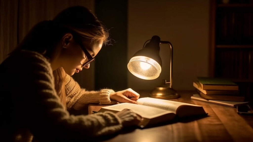 Una persona che legge sotto la luce di una lampada da tavolo, evidenziando il ruolo delle lampade da tavolo nella protezione degli occhi