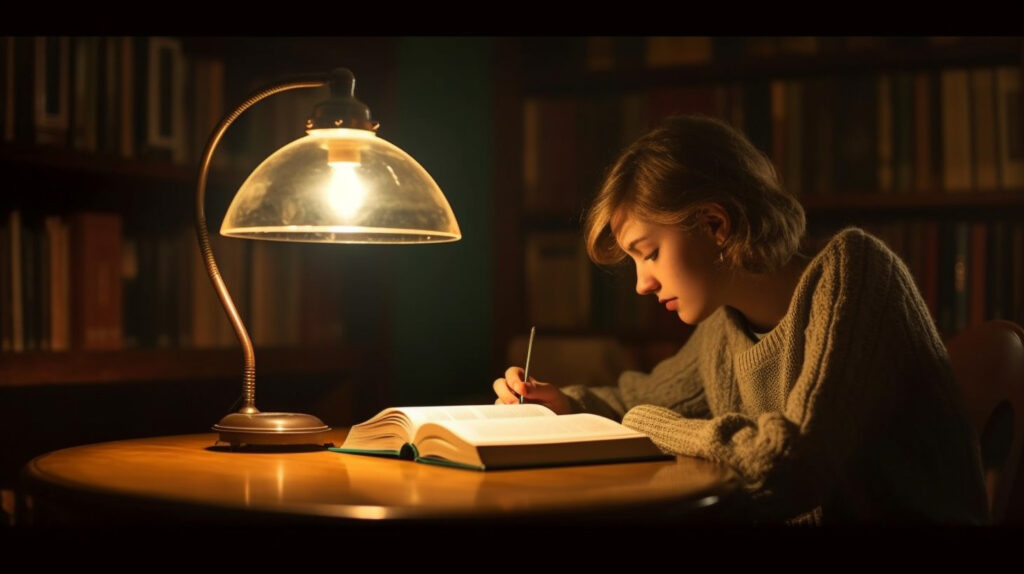 Một người đang đọc dưới ánh sáng của một chiếc đèn bàn, nhấn mạnh vai trò của đèn bàn trong việc bảo vệ mắt