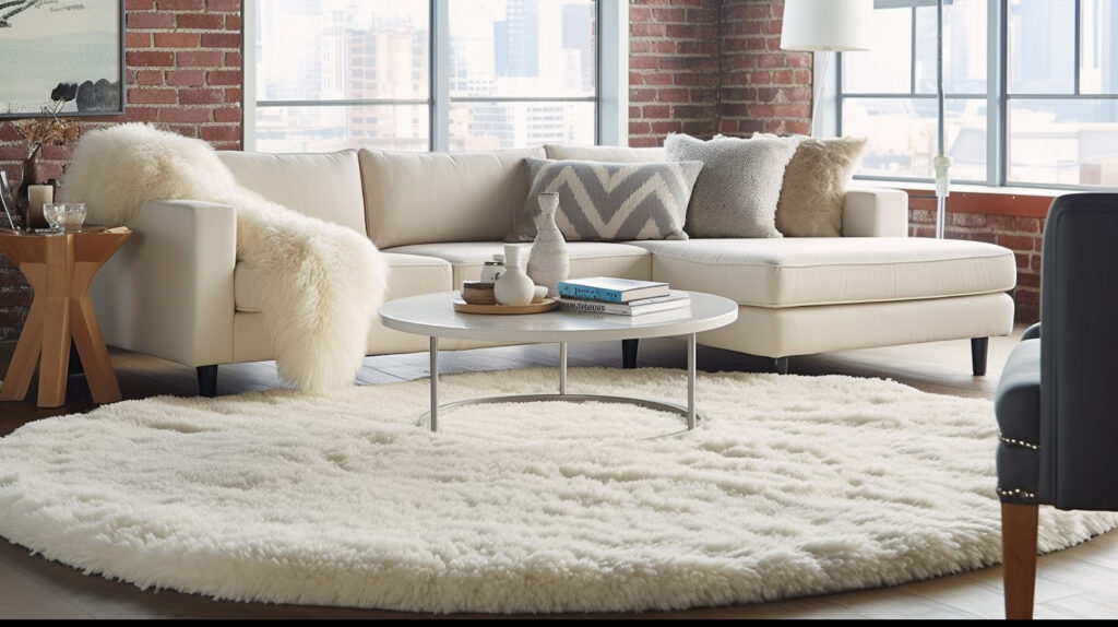 A plush round shag rug for the living room, enhancing the room’s comfort and warmth 
