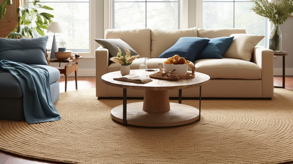 A rustic braided jute round rug for the living room, adding an organic, earthy vibe