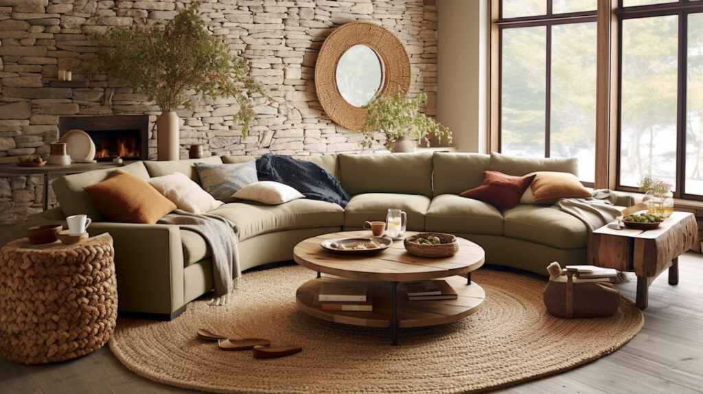 Un rustico tappeto rotondo di giunco intrecciato per il soggiorno, che aggiunge un'atmosfera organica e terrosa