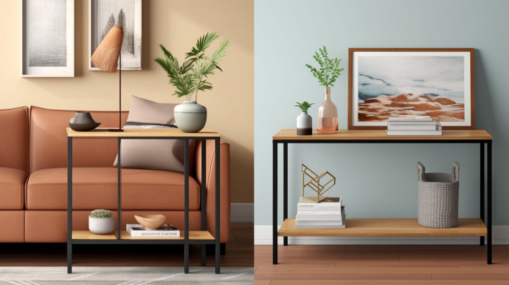 A side-by-side comparison of a console table and a side table in a living room, highlighting their differences