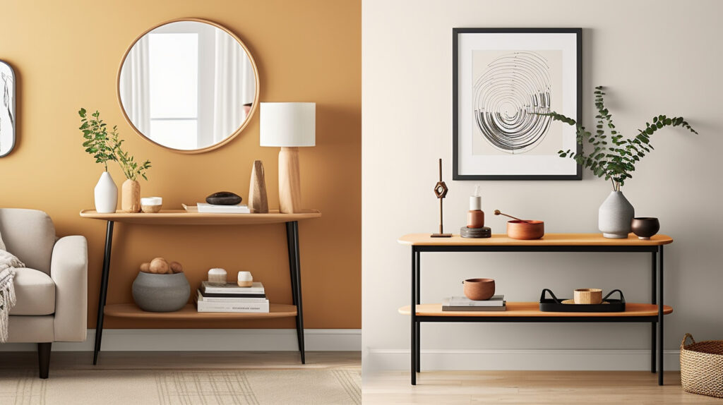 A side-by-side comparison of a console table and a side table in a living room, highlighting their differences