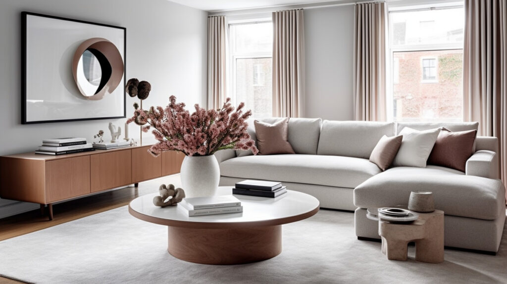 A stylish living room incorporating chic side tables for additional surface space
