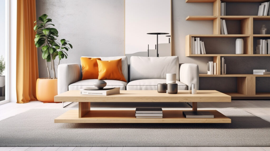A stylish living room showcasing a trendy coffee table design for 2023