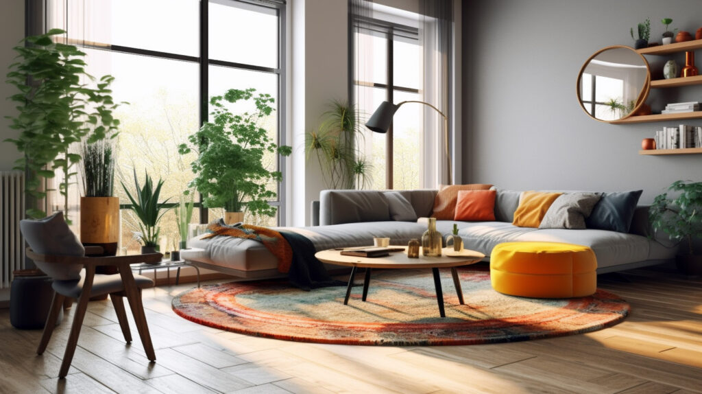 A stylish round rug for the living room anchoring the furniture arrangement, highlighting its unique benefits 
