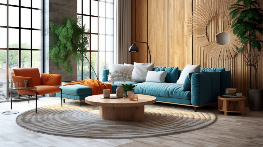 Un elegante tappeto rotondo per il soggiorno che stabilisce l'arrangiamento dei mobili, mettendo in evidenza i suoi vantaggi unici
