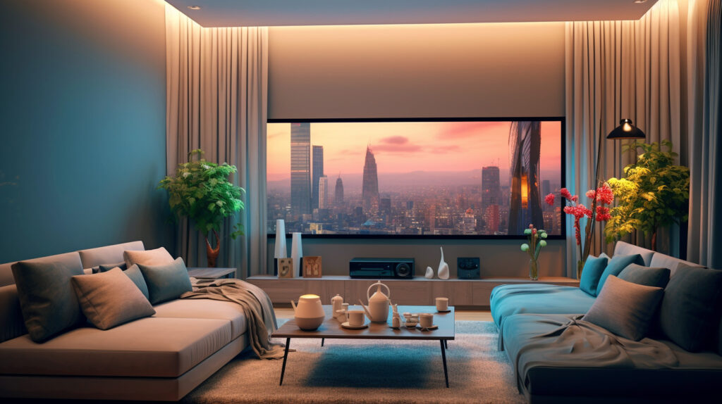 A variety of aesthetically pleasing “Living Room Projector” setups in real homes demonstrating versatility and style