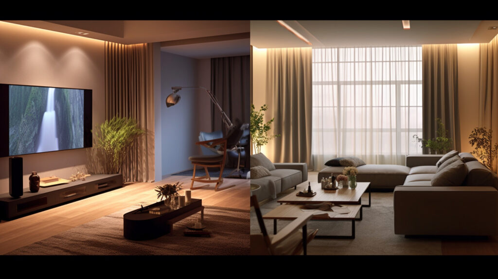 A variety of aesthetically pleasing “Living Room Projector” setups in real homes demonstrating versatility and style