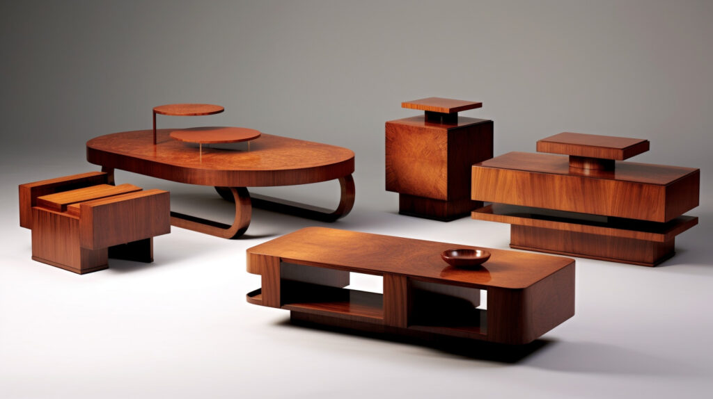 Một loạt bàn phòng khách có hình dạng khác nhau, minh họa vai trò của hình dạng bàn trong thiết kế phòng