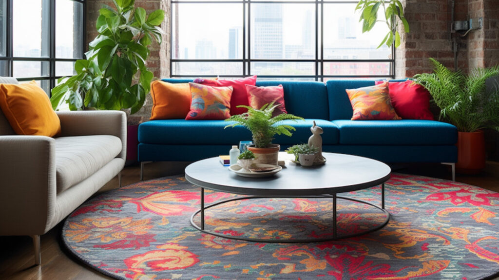 Un tappeto rotondo di un colore deciso per il soggiorno, aggiungendo un tocco di colore