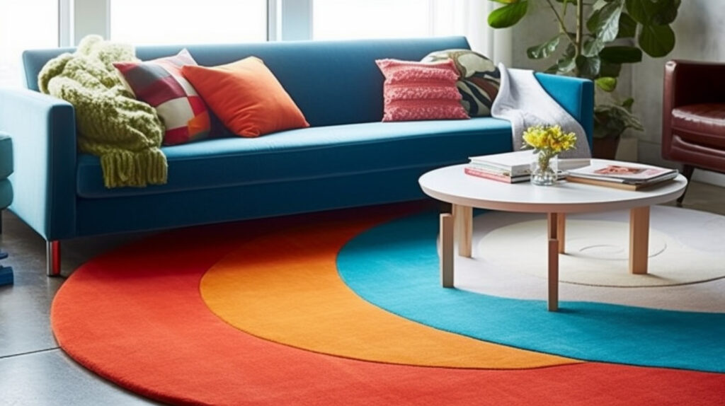 A vibrant, bold-colored round rug for the living room, adding a pop of color 