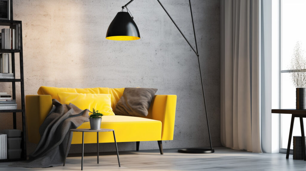 Una vivace lampada da terra che aggiunge contrasto in un soggiorno monocromatico, dimostrando l'uso delle lampade da terra per aggiungere contrasti di colore