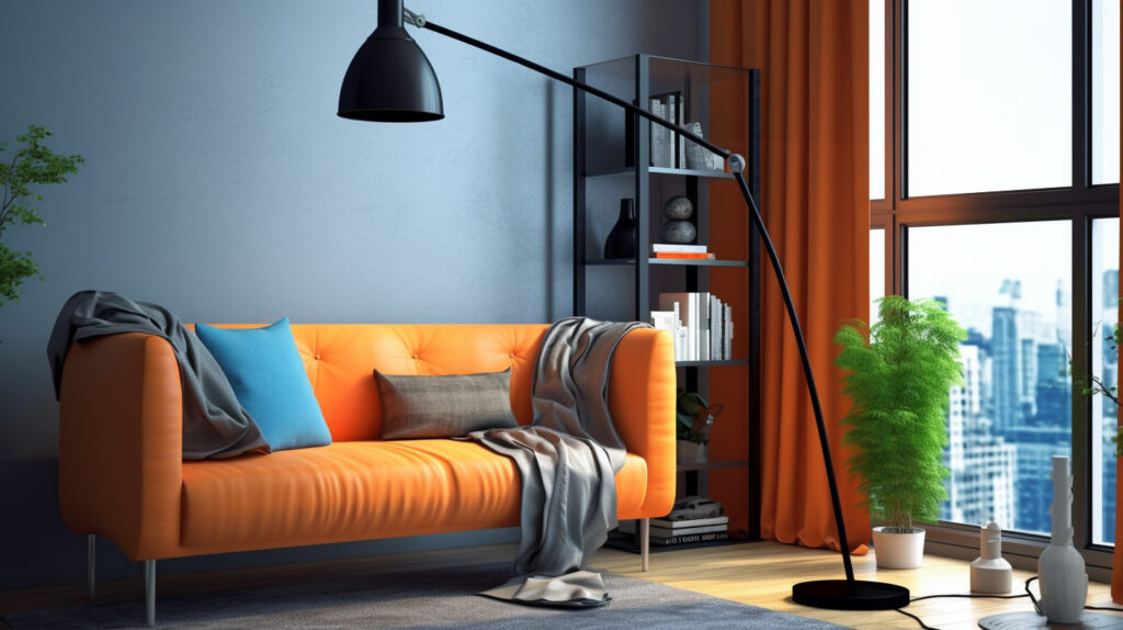 Una vivace lampada da terra che aggiunge contrasto in un soggiorno monocromatico, dimostrando l'uso delle lampade da terra per aggiungere contrasti di colore