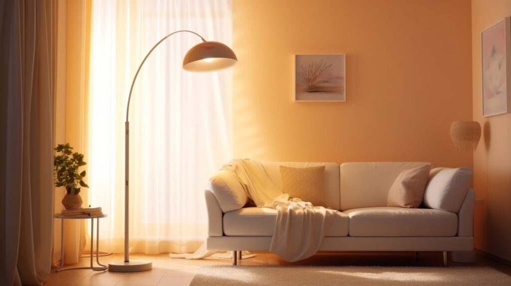 Luce ambiente proveniente da una lampada torchiere che si riflette sul soffitto, illustrando l'eleganza delle lampade torchiere nei soggiorni